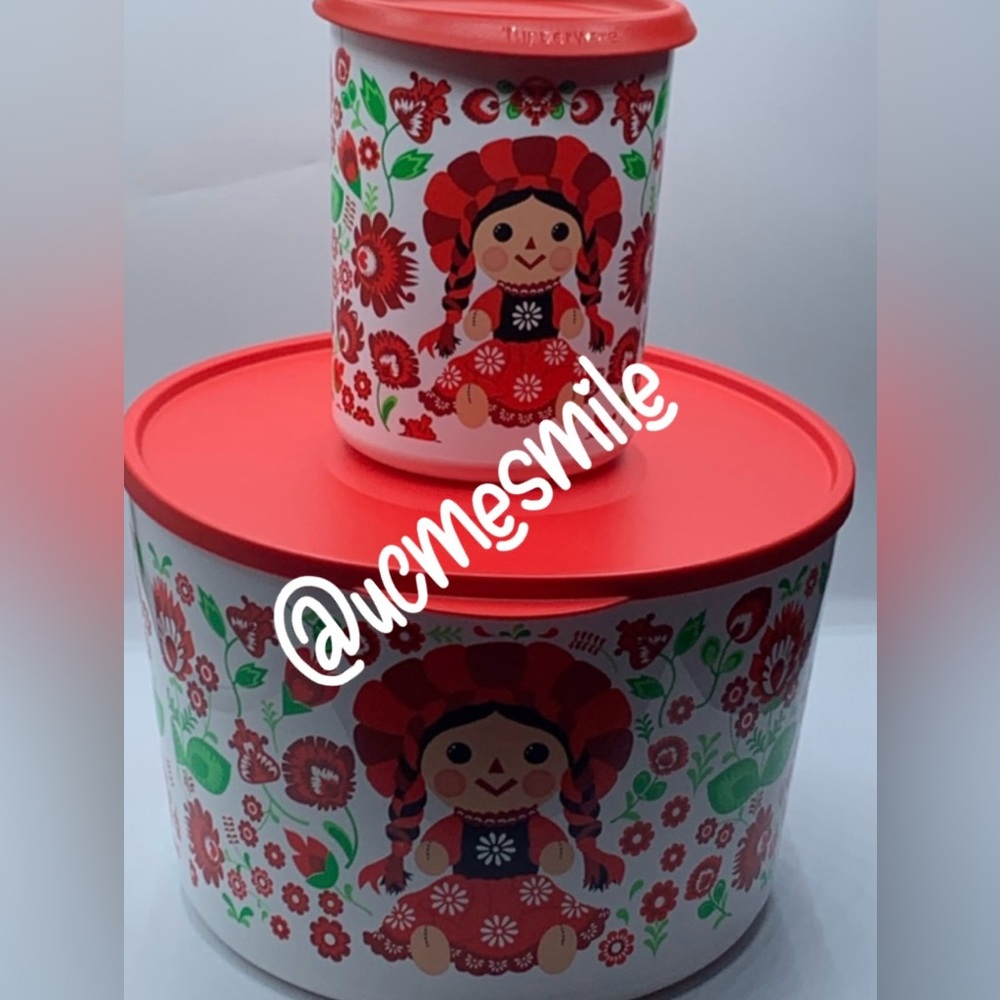 Tupperware Red Maria Doll Ilumina StacknStore Theme Set of 2 Canisters